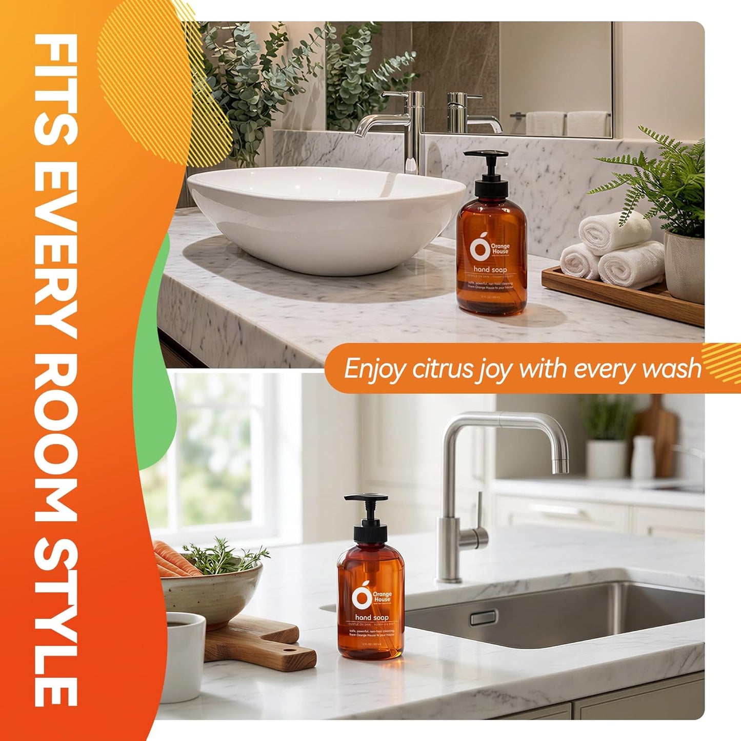 Natural Liquid Hand Soap - Food-Grade Orange Oil, Moisturizing & Hypoallergenic | 12 Fl Oz (3 Pack)
