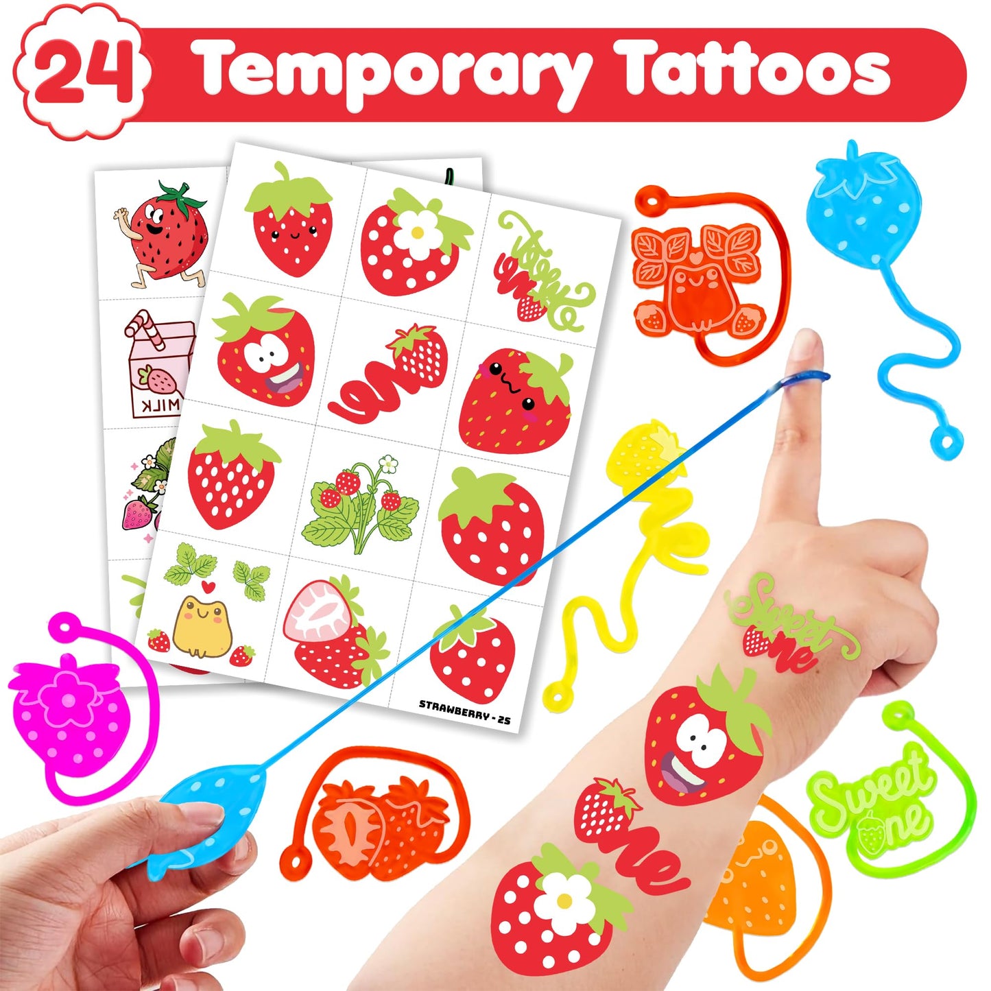 48PCS Strawberry Party Favors - 24PCS Berry First Temporary Tattoos & 24PCS Stick Hands - Perfect Birthday Supplies, Goodie Bag Stuffers, Treasure Box Toys, Classroom Prizes, and Student Gifts
