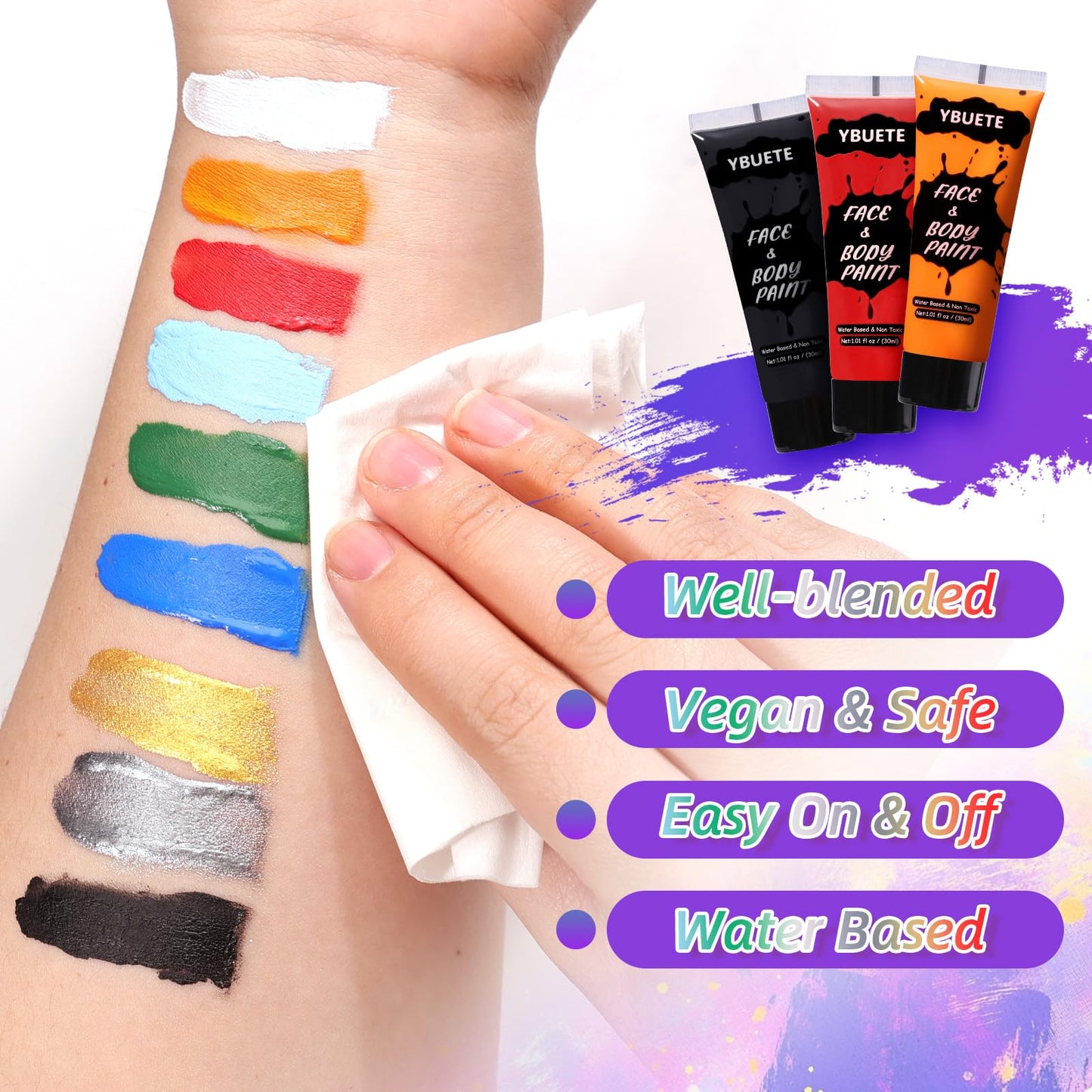 YBUETE 3Pcs Face Body Paint, Professional Paint for Halloween Cosplay Costume Party, Full-coverage Multi-Color Cream Makeup Body Paint for Adult Halloween Cosplay SFX Makeup Paint (White+Black+Red)