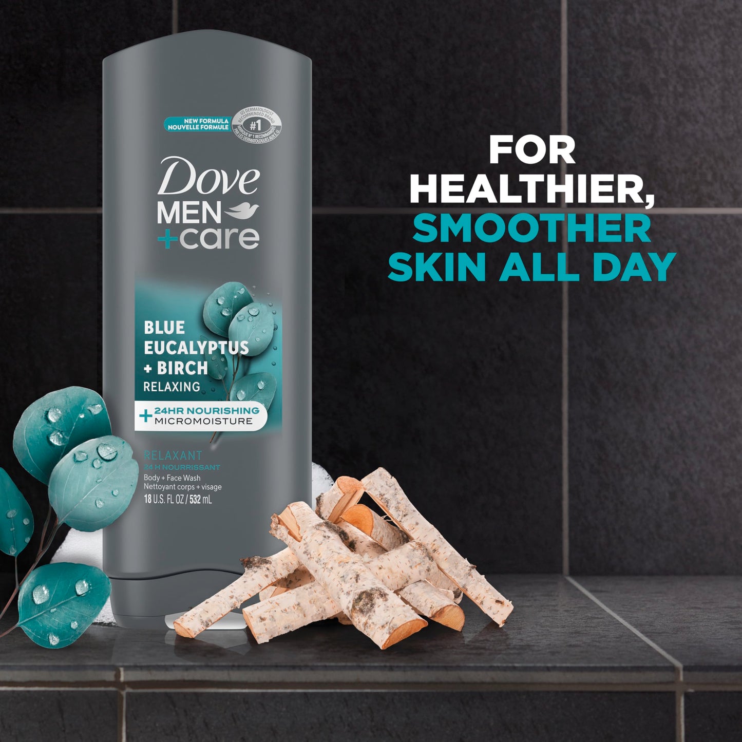 DOVE MEN + CARE Mens Body Wash Blue Eucalyptus and Birch 4 Count Dry Skin Body Wash with Micromoisture, Effectively Washes Away Bacteria While Nourishing Your Skin, 18 oz