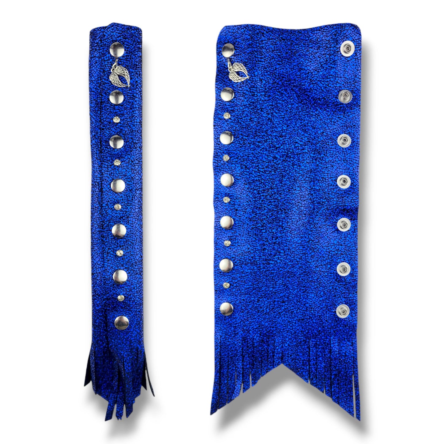 BLUE Glitter Leather Hair Wrap 6" inch to 22" - Handmade Ponytail Sleeve Long Hair Protector Frizz Saver | Colorful Bike Hair Tie Motorcycle Helmet Accessory Fringe & Crystals Made in USA (8 inch)