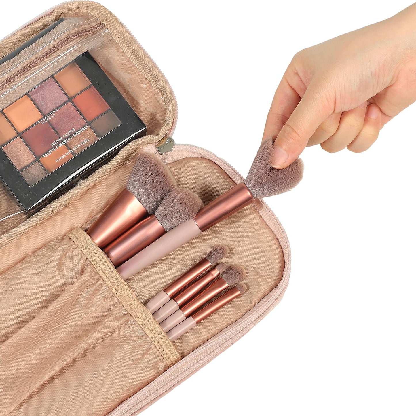 NISHEL Double Layer Travel Makeup Bag Women, Cosmetic Case, Portable Organizer To Hold Travel-Size Accessory Bottles, Brushes, And Skincare Products, Pink