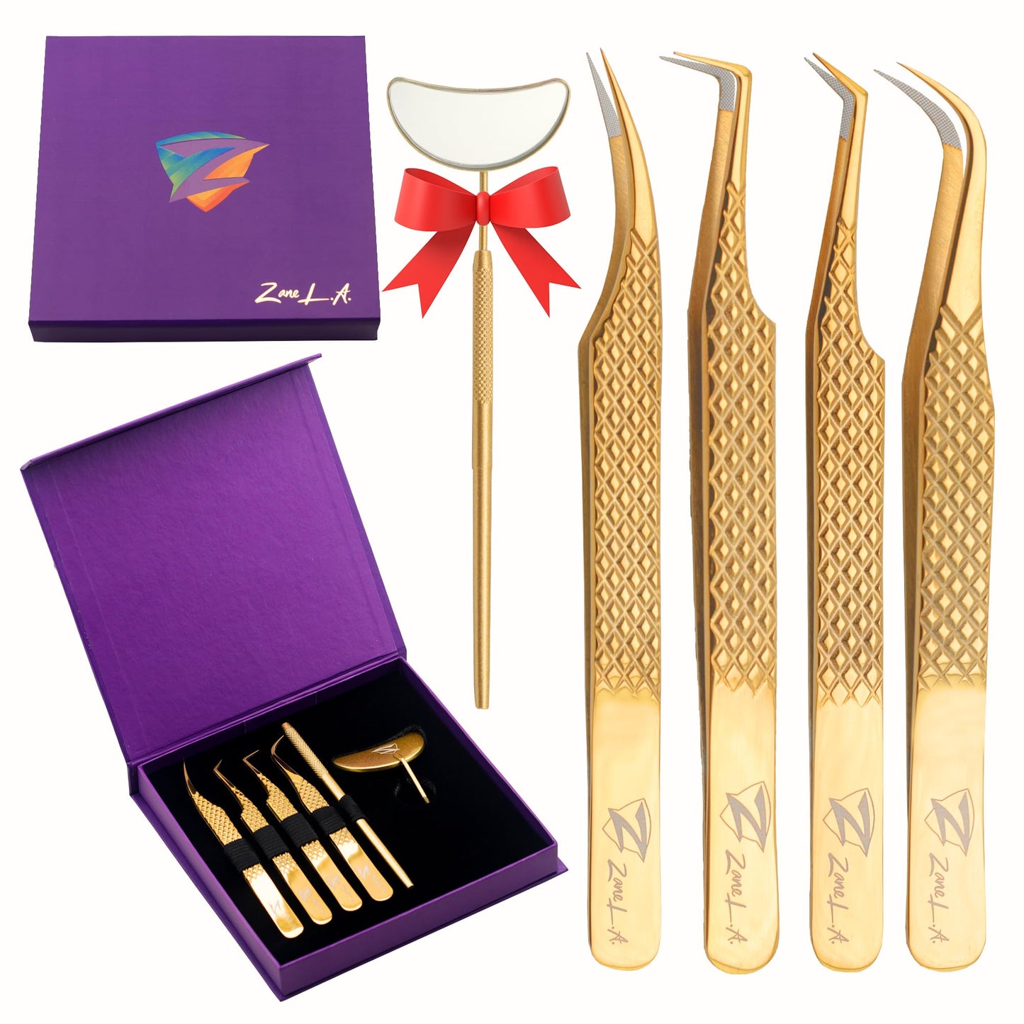 Zane L.A. Nano Fiber Tip Professional Eyelash Extension Tweezers, a pack of 4, Quality tweezers made with Japanese Stainless Steel, includes Stylish Half Moon Mirror. (Gold)
