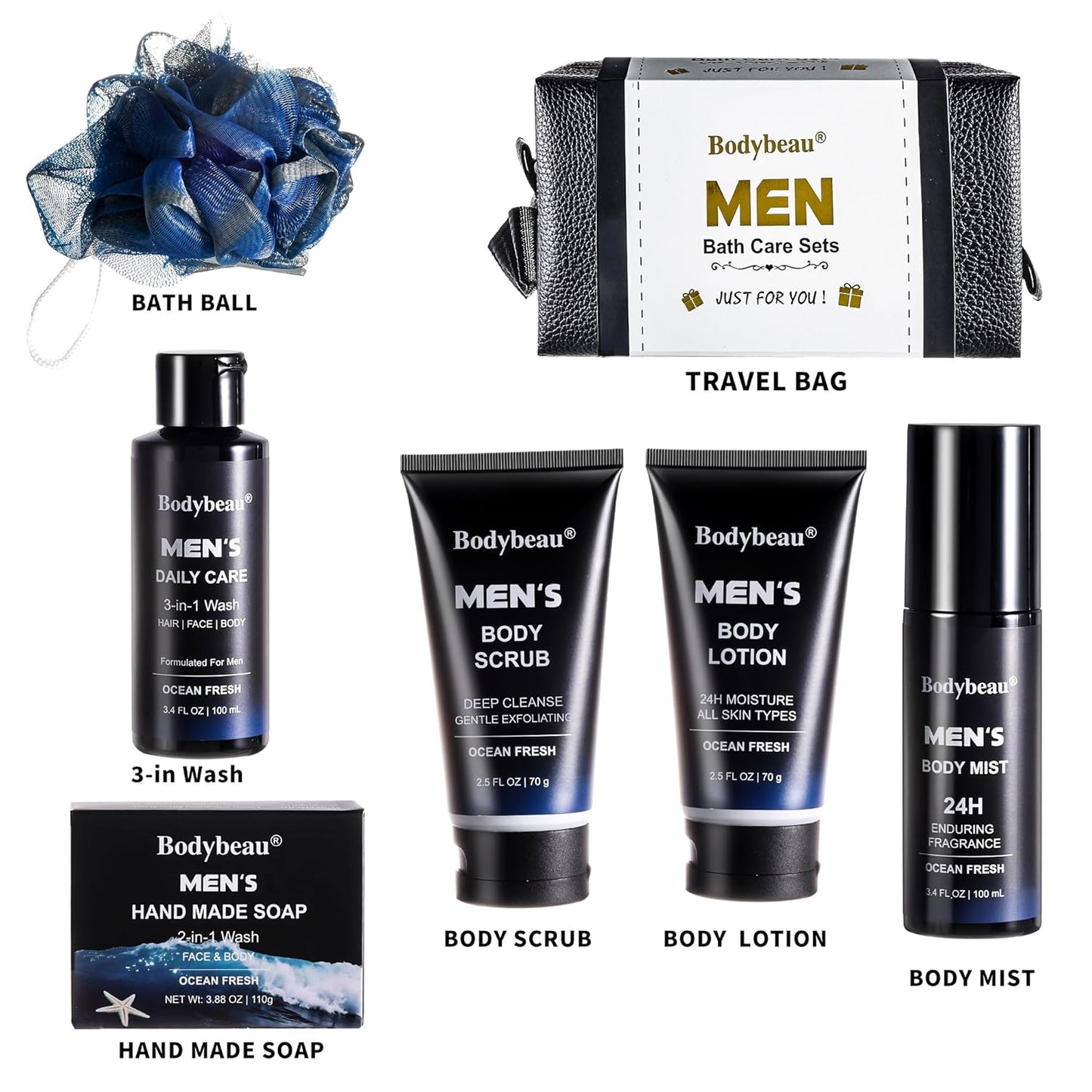Men's Bath and Body Spa Gift Set - 7-Piece Skin Care Collection with 3-in-1 Face Wash, Handmade Soap & Travel Bag | Perfect Gifts for Dad, Husband, Boyfriend