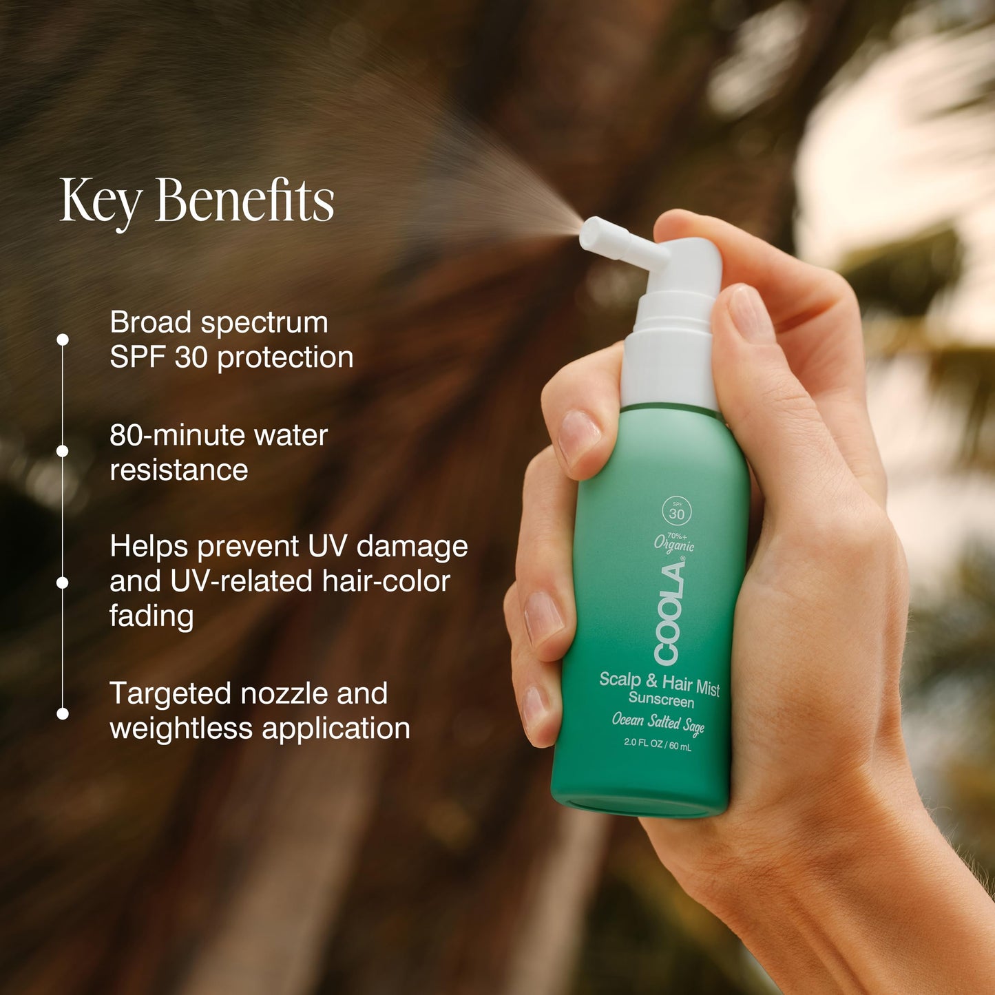 COOLA Organic Scalp Spray & Hair Sunscreen Mist with SPF 30, Dermatologist Tested Hair Care for Daily Protection, Vegan and Gluten Free, Ocean Salted Sage, 2 Fl Oz