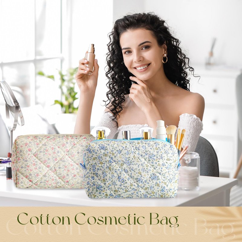 Paterr 10 Pcs Quilted Makeup Bag Bulk Cotton Floral Cosmetic Bag Women Girls Bridesmaid Gifts Cute Makeup Pouch Coquette Aesthetic Travel Toiletry Organizer(Classic Style,7.87 x 4.72 x 3.15 Inches)