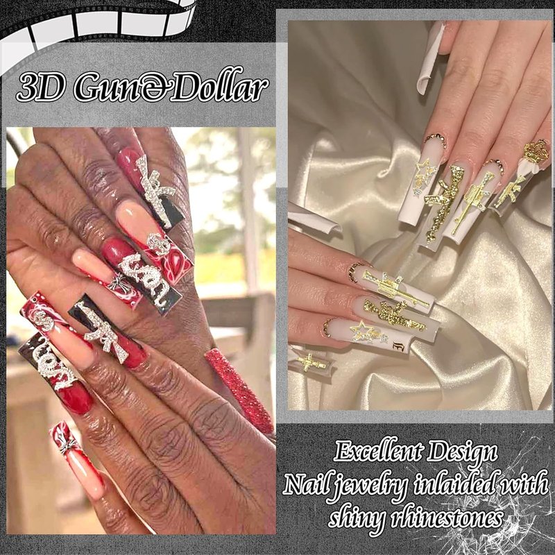 3D Gun Nail Charms - 50PCS Cross & Dollar Nail Gems for Manicure | Gold & Silver Snake Decorations
