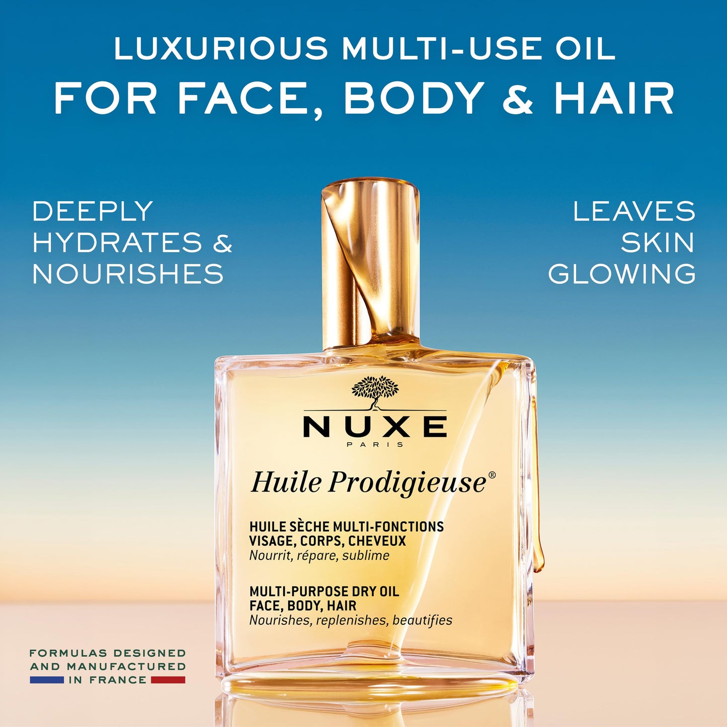 NUXE Huile Prodigieuse Multi-Purpose Dry Oil with 7 Botanical Oils for Radiant Glow and Hydration for Face, Body & Hair, 3.3 Fl Oz