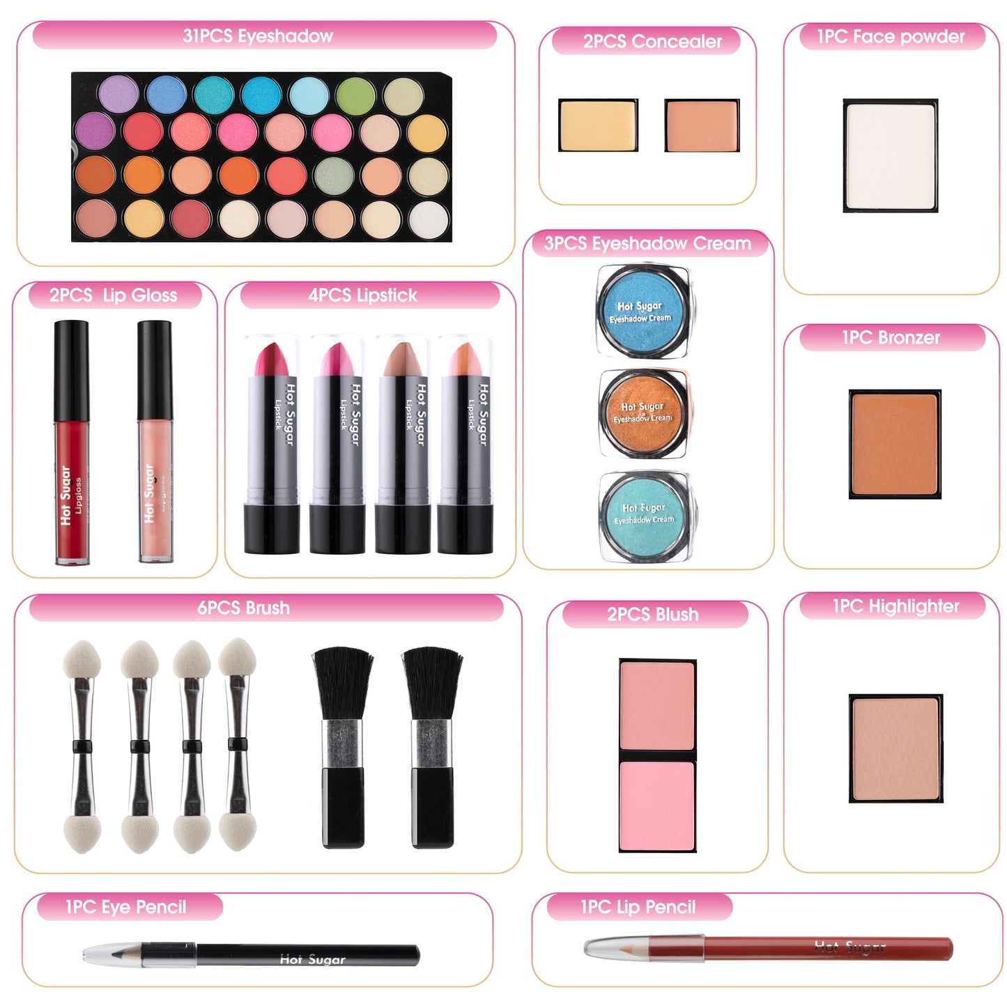 Hot Sugar Makeup Kit for Girls 14-16 | All-in-One Beginner Cosmetic Set with Real Tools & Cosmetics | Birthday Christmas Gift (Pink)