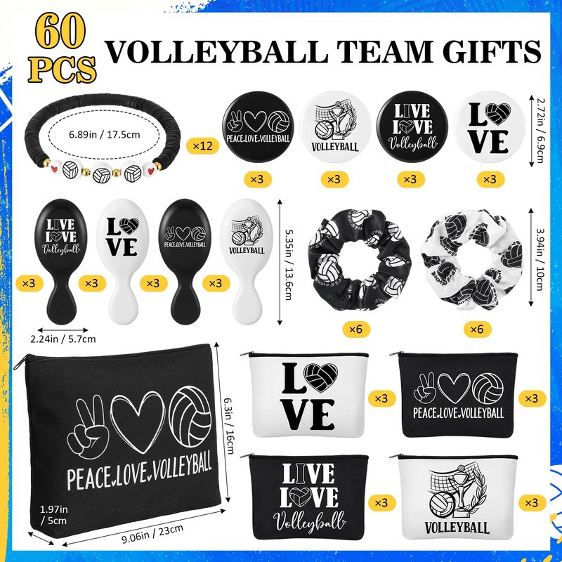 Baderke 60 Pcs Volleyball Team Gifts for Women Volleyball Party Favors Include Cosmetic Bags Makeup Mirror Hair Scrunchies Detangler Brush Bracelets for Women Players Sports Team Accessories