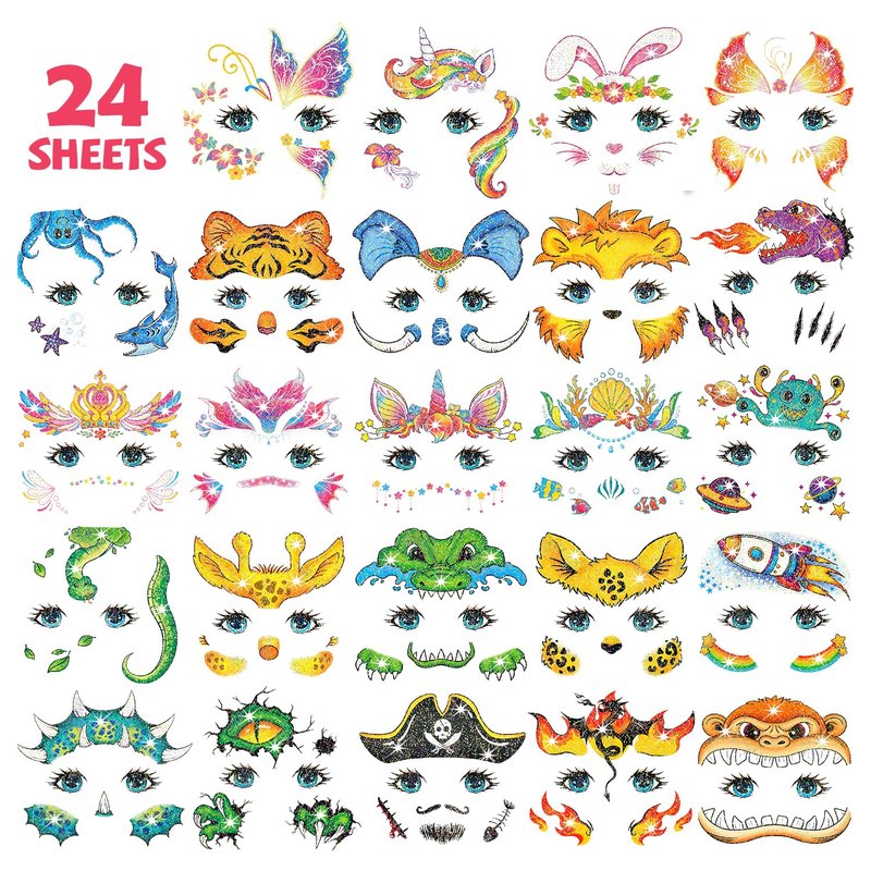 Leesgel 24 Sheets Glitter Face Tattoos for Kids - Face Paint Tattoos for Boys Girls Birthday, Party Favors, Prizes for Kids Classroom, Trick or Treat, Goodie Bag Stuffers, Stocking Stuffers and Gifts