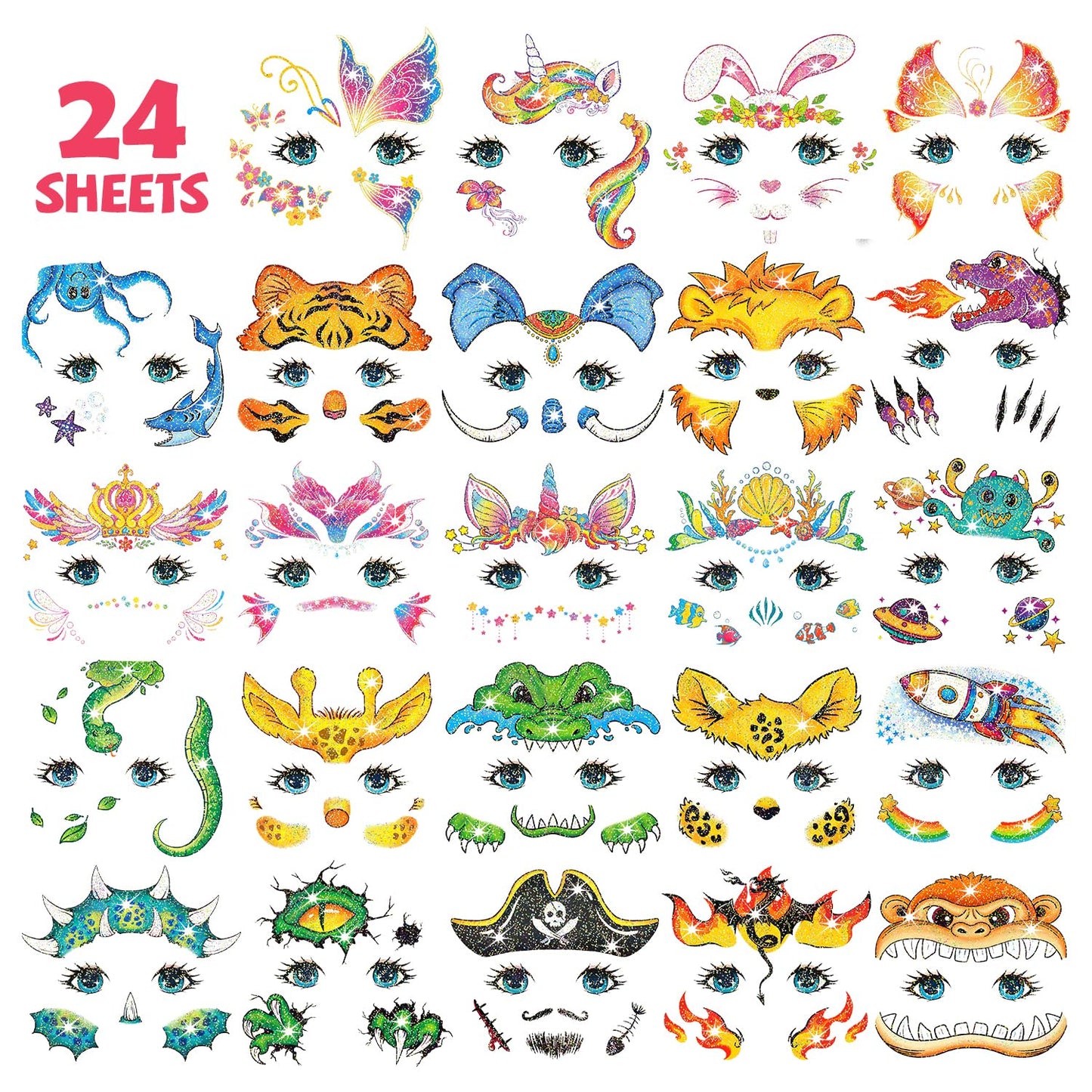 Leesgel 24 Sheets Glitter Face Tattoos for Kids - Face Paint Tattoos for Boys Girls Birthday, Party Favors, Prizes for Kids Classroom, Trick or Treat, Goodie Bag Stuffers, Stocking Stuffers and Gifts