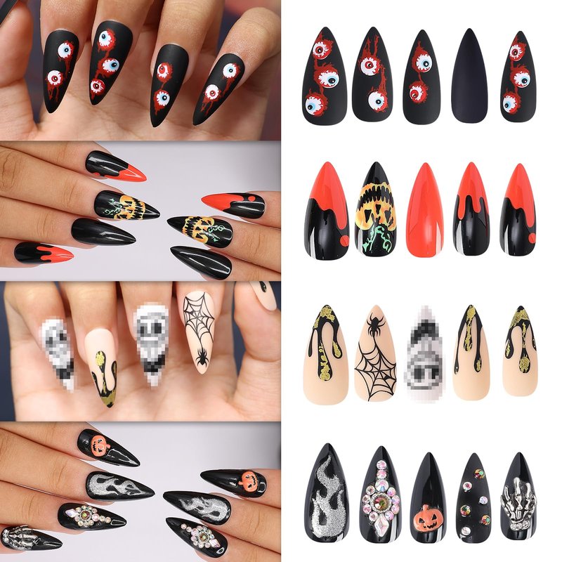 Artquee Halloween Press on Nails 4 Packs 96 Pcs Short Square False Tips with Pumpkin Haunted House Ghost Designs Reusable Fake Stick on Nails Kit for Women - 12 Sizes