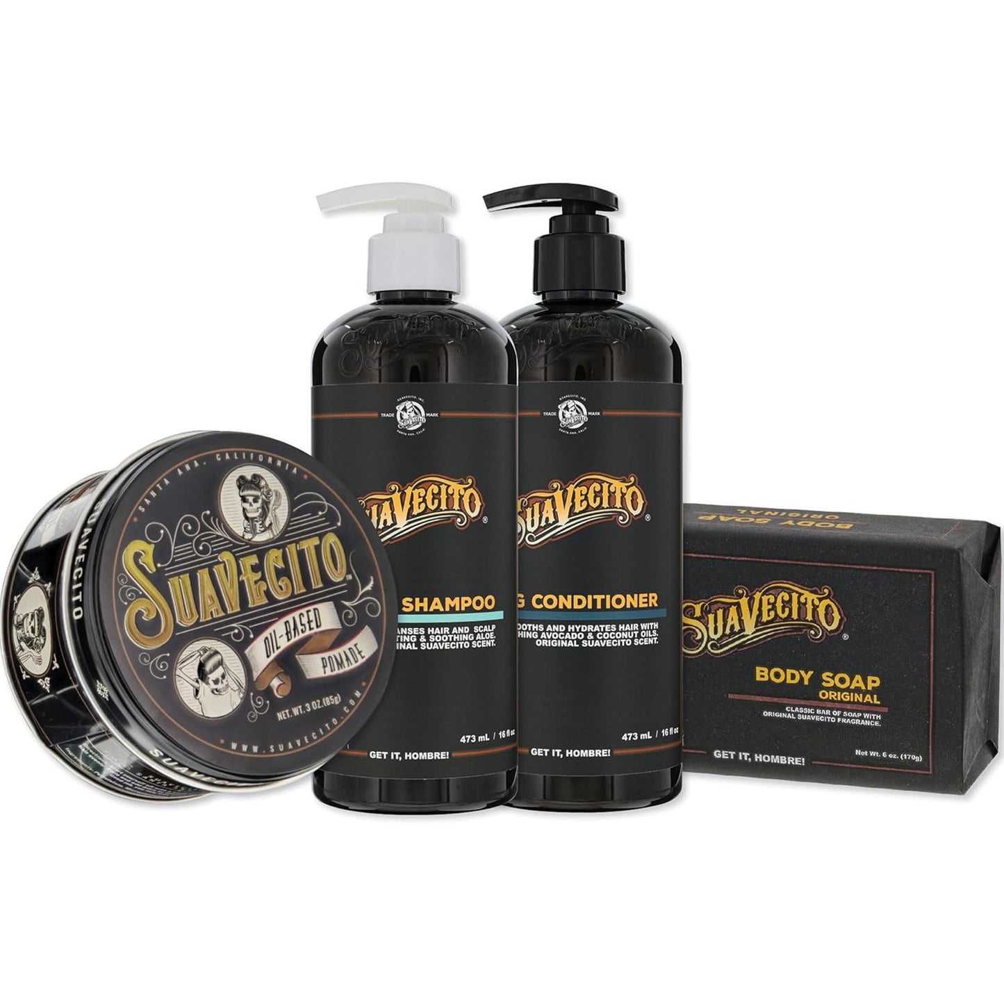 Suavecito Hair & Body Essentials Set - 4-Piece Styling Pomade, Shampoo, Conditioner & Soap Bar