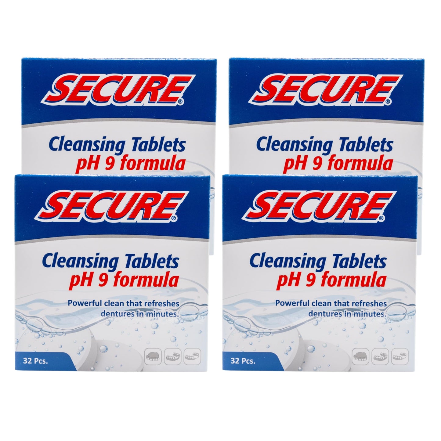 Secure Daily Cleansing Tablets - pH 9 Formula Thoroughly Cleans Dentures - Fights Odors, Stains & Germs - For Dentures, Nightguards, Retainers & Partials - 32 Tablets (4 Pack)