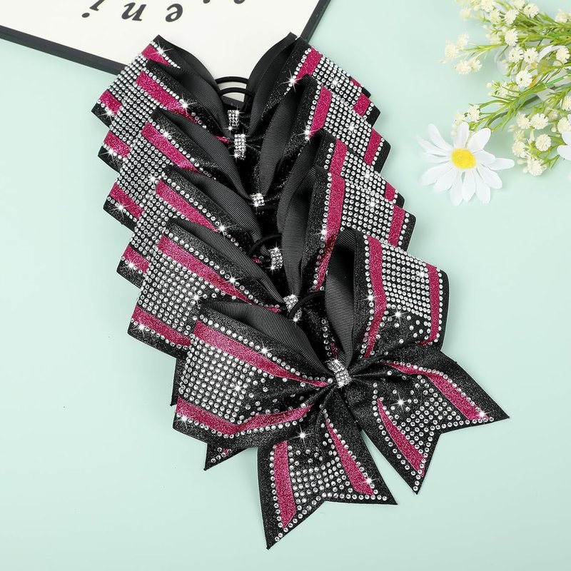 Large Glitter Cheer Bows - 6PCS Black & Pink Rhinestone Hair Bows for Cheerleaders | Stiff Design, 8-Inch
