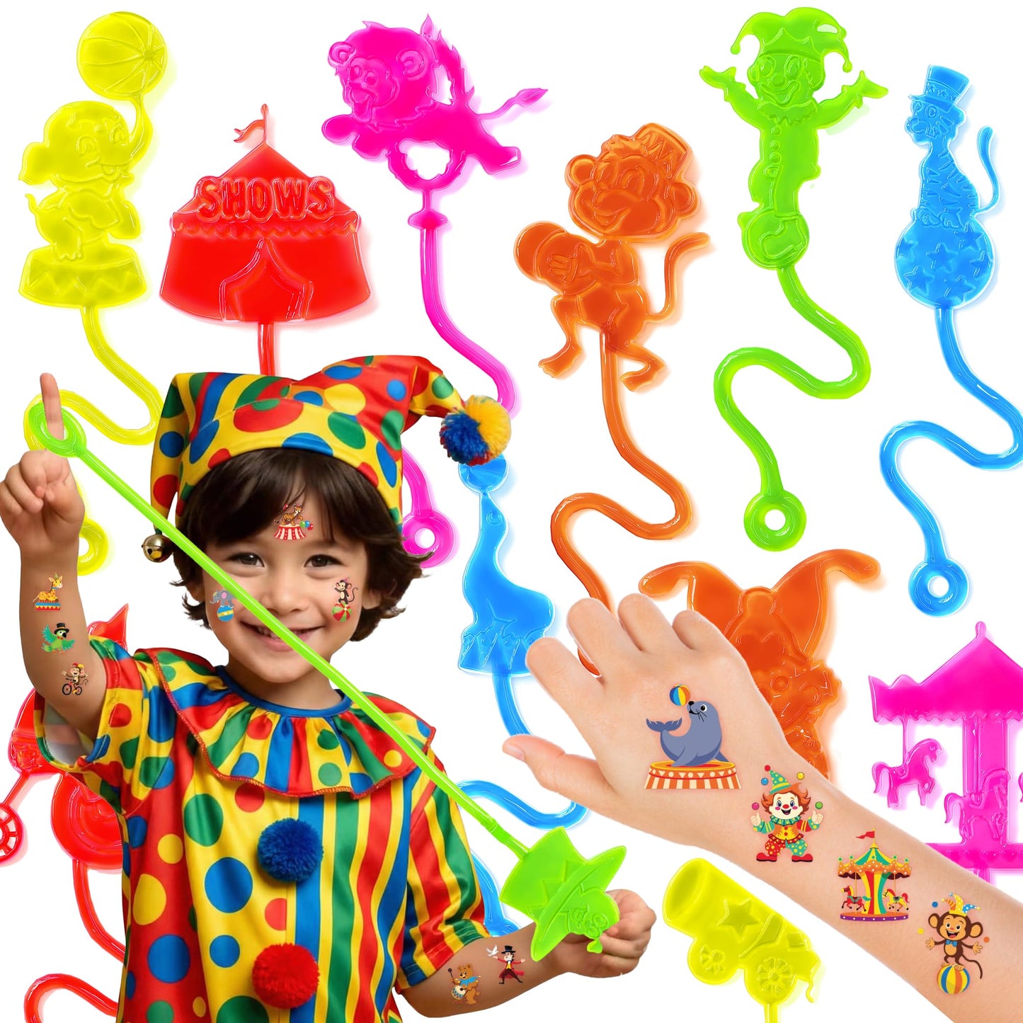 48 PCS Carnival Party Favors - 24 Temporary Tattoos & 24 Stick Hands