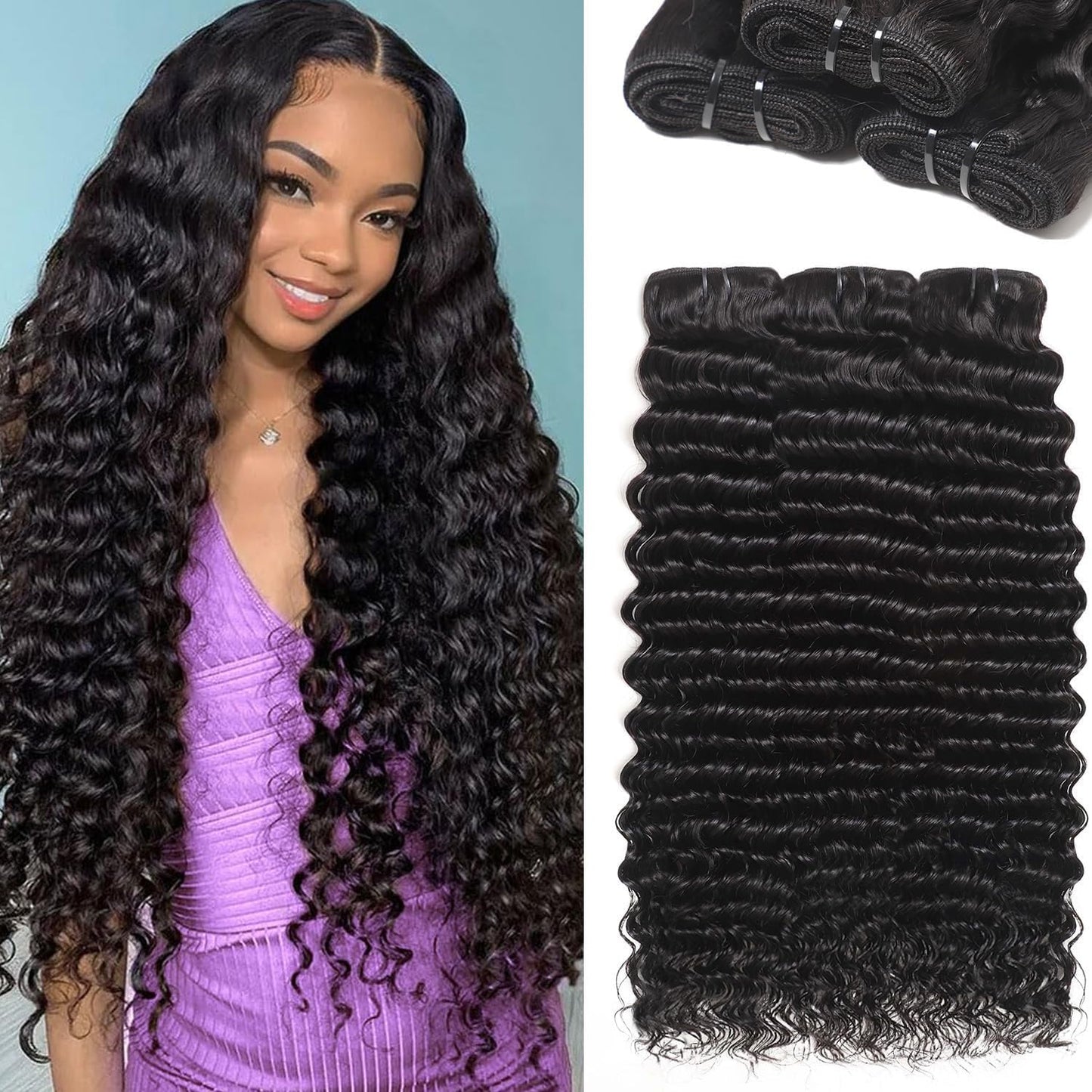 12A Deep Wave Human Hair Bundles 1 Pcs HumanHair 22 Inch Deep Curly Human Hair Bundles 100% Unprocessed Virgin Human Hair Wet and wavy Bundle Natural Black Water Wave