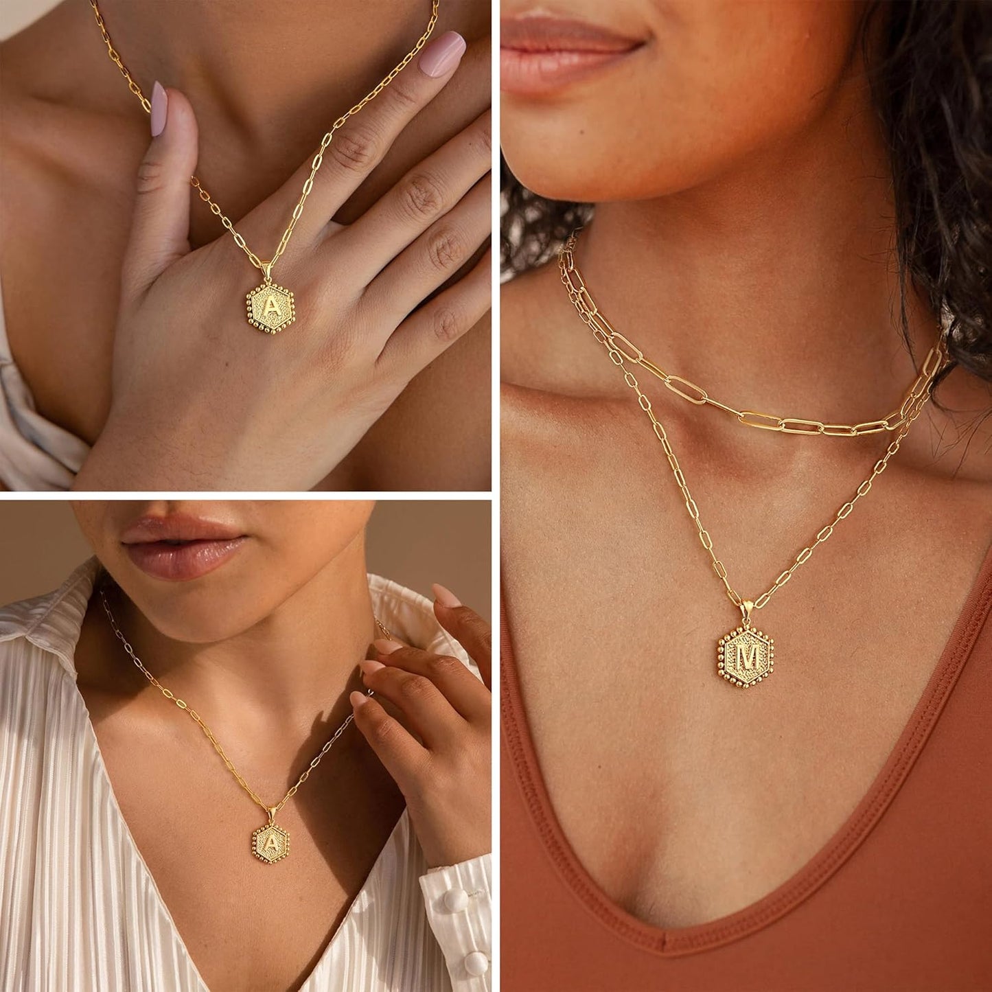Dainty Initial Necklaces for Women - 14K Gold-Plated Layered Hexagon Design | Perfect Gift for Teens