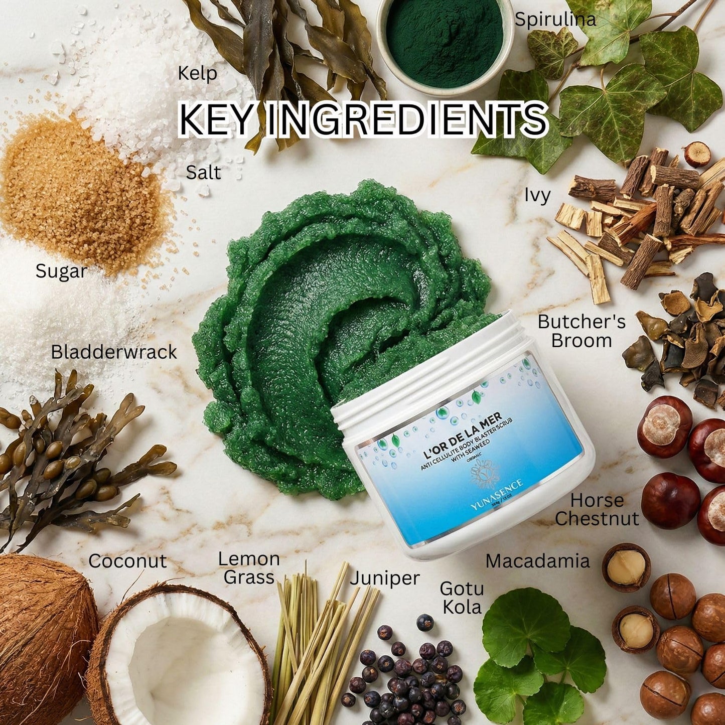 YUNASENCE L'OR DE LA MER Organic Anti Cellulite Body Blaster Scrub with Sea Salt, Seaweed, Lemongrass 13oz Smoothing Exfoliating Moisturizing Skin Massage Treatment.