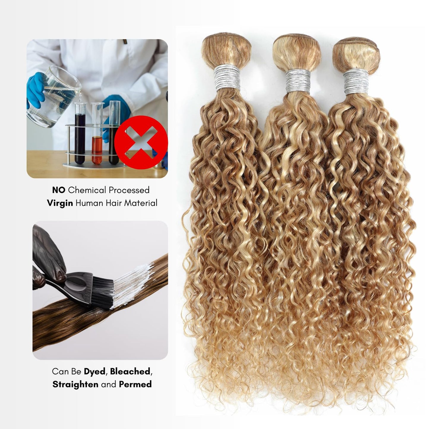 Ombre Blonde Human Hair Water Wave Bundle - 13A Grade, 12 Inch Wet & Wavy Curly Weave