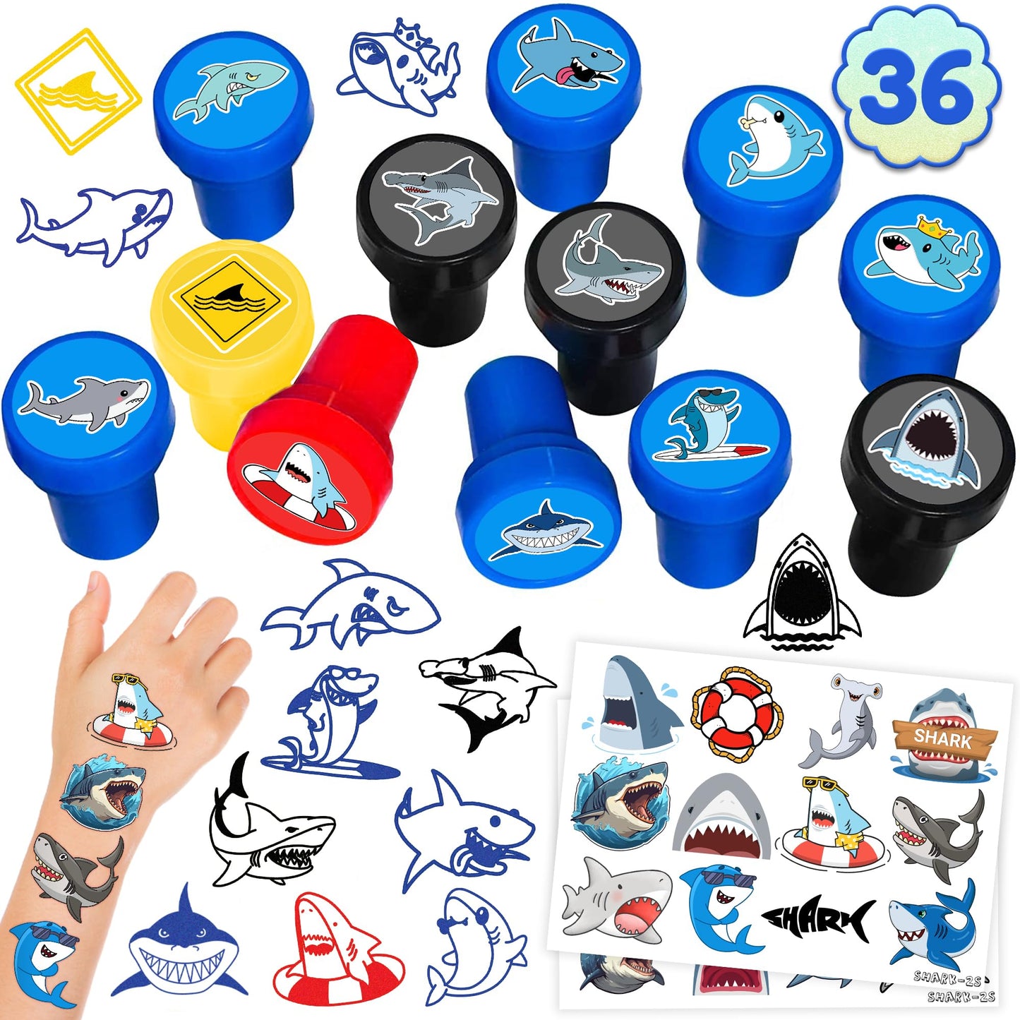 INKSOMOBA 36PCS Shark Party Favors - 24PCS Temporary Tattoos & 12PCS Stamps - Ideal Beach Ocean Animal Themed Birthday Card Decorations Supplies Goodie Bag Cute Rewards for Boys Girls Classroom Gifts