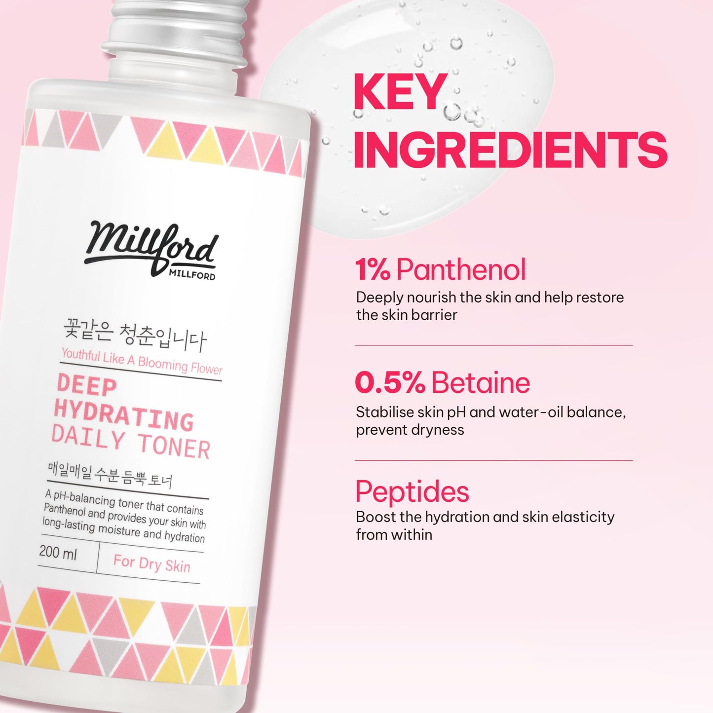 Millford Deep Hydrating Daily Toner 6.76 fl oz (200 ml) - pH-Balancing, Alcohol-Free & Fragrance-Free Toner with Panthenol (Vitamin B5) & Betaine to Strengthen Moisture Barrier, Korean Skincare