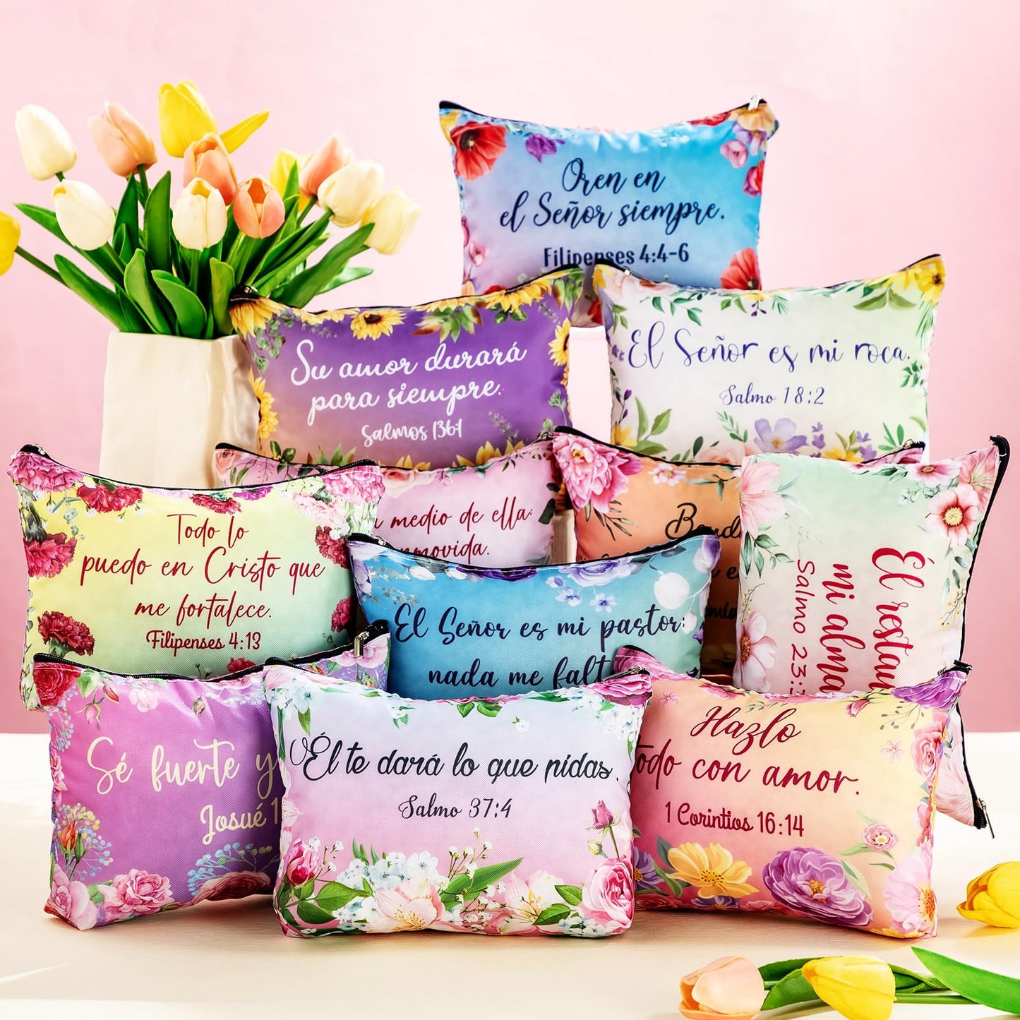 Kacctyen Spanish Christian Cosmetic Bags Bulk Mother's Day Church Gifts Spanish Christian Gifts for Women Bible Verse Pencil Pouch Makeup Bag Regalos Religiosos Para Mujer(24 Pcs,Classic Style)