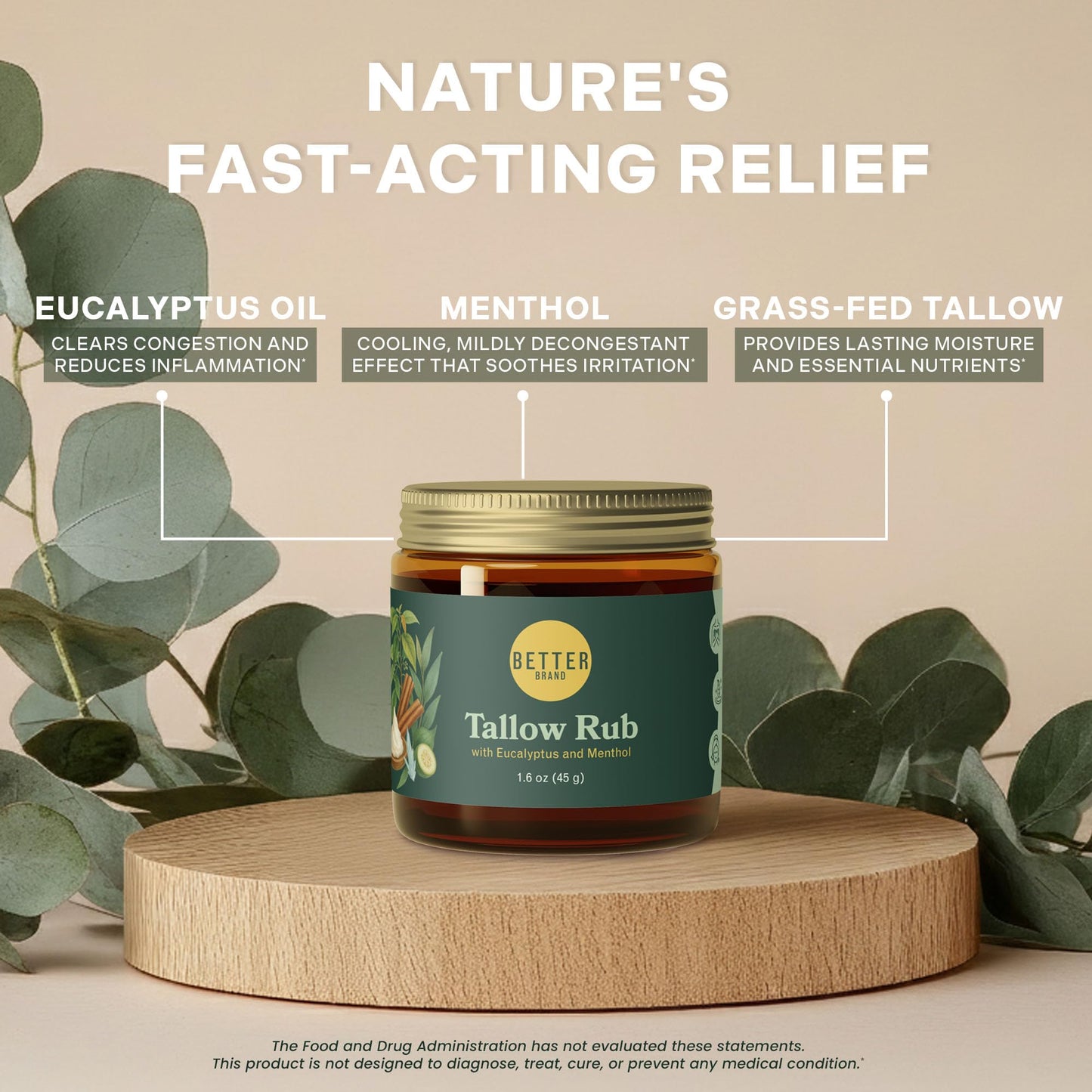 Betterbrand Petroleum-Free Medicated Tallow Rub – Natural Vapor Rub Alternative with Menthol & Eucalyptus - Grass-Fed Tallow Balm for Chest Congestion Relief - 1.6oz
