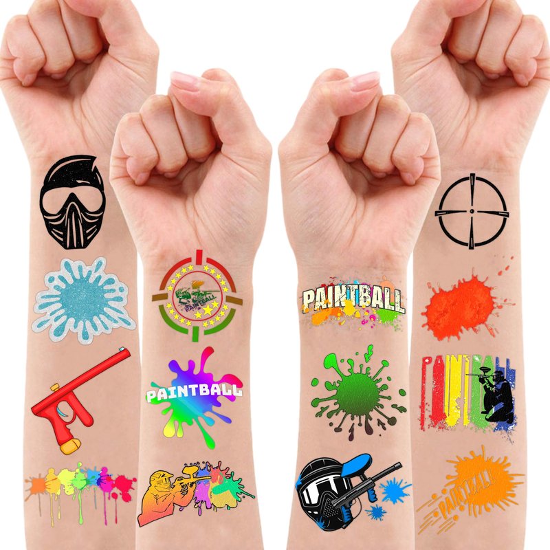 100 PCS Paintball Temporary Tattoos (10 Sheets) - Gun Shooting Themed Birthday Party Decorations & Favors, Cute Stickers Gifts for Boys, Girls, Class, School Carnival