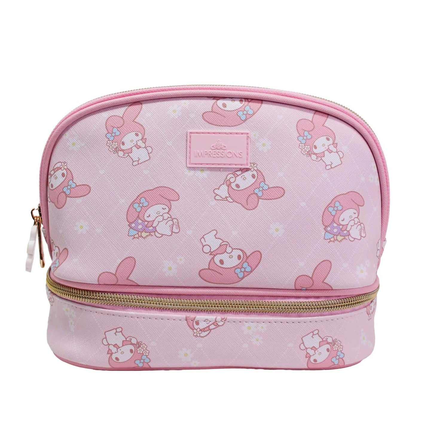 Impressions Vanity My Melody Double Layer Makeup Bag with Top and Bottom Zippered Compartments, My Melody Print Artwork Makeup Organizer with Faux Saffiano Leather, Inner Slip Pocket and Gold Hardware