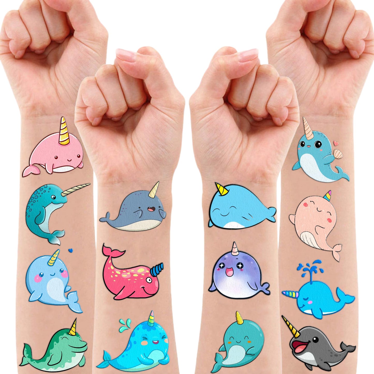 107 PCS Cute Narwhal Temporary Tattoos Themed Birthday Party Supplies Decorations Favors Decor Under The Sea Baby Tattoo Stickers Gifts For Boys Girls Class Prizes Carnival
