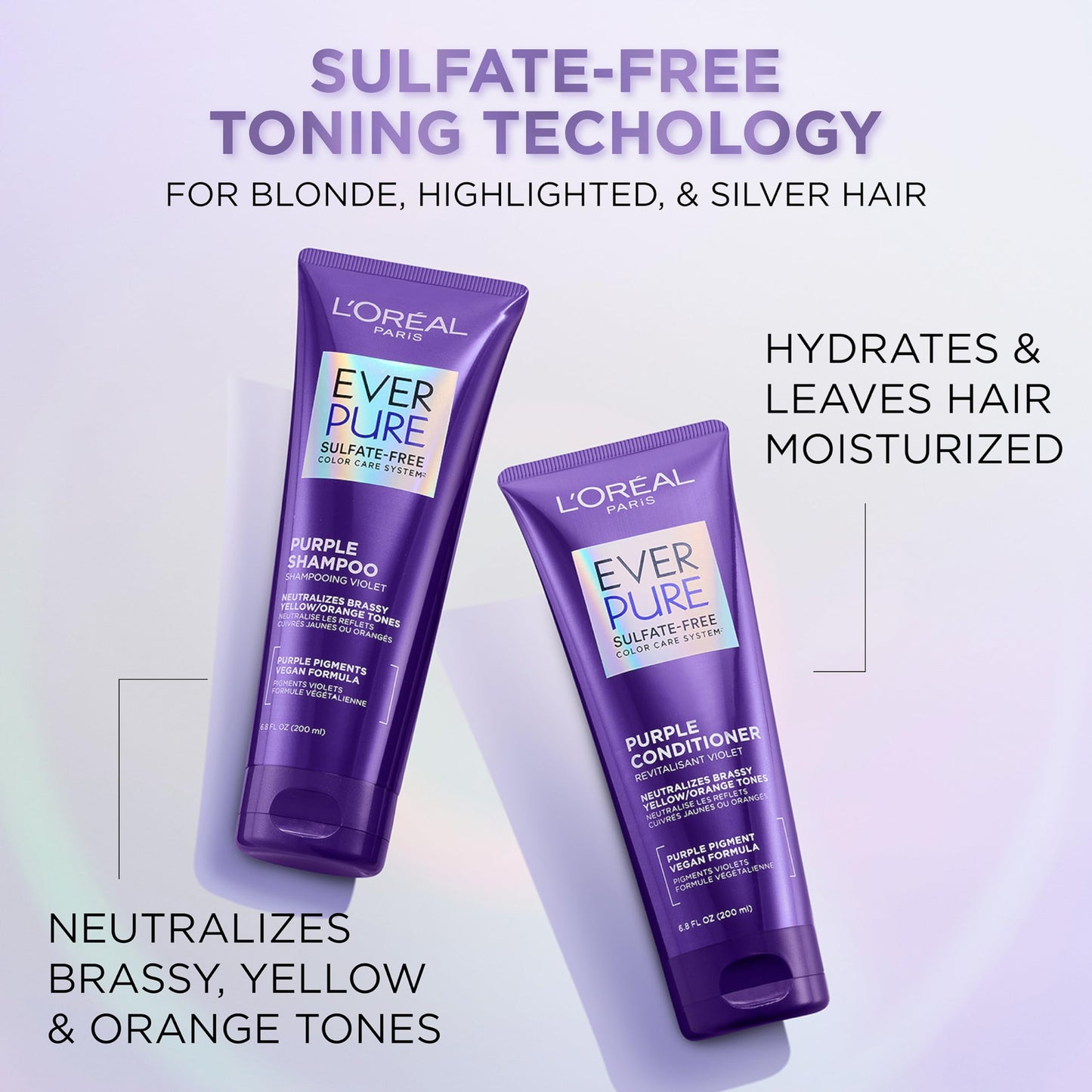 L’Oreal Paris Sulfate Free Brass Toning Purple Conditioner for Blonde, Bleached, Silver, or Brown Highlighted Hair, EverPure, 23 Fl Oz (Packaging May Vary)
