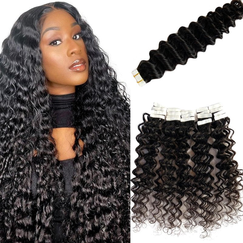 Deep Wave Tape in Hair Extensions Human Hair,20 Inch Black Hair Extensions Real Remy Human Hair Curly Tape ins for Black Women,20pcs Double Sided Invisible Tape Hair Extension 50g/pack