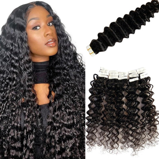 Deep Wave Tape in Hair Extensions Human Hair,20 Inch Black Hair Extensions Real Remy Human Hair Curly Tape ins for Black Women,20pcs Double Sided Invisible Tape Hair Extension 50g/pack