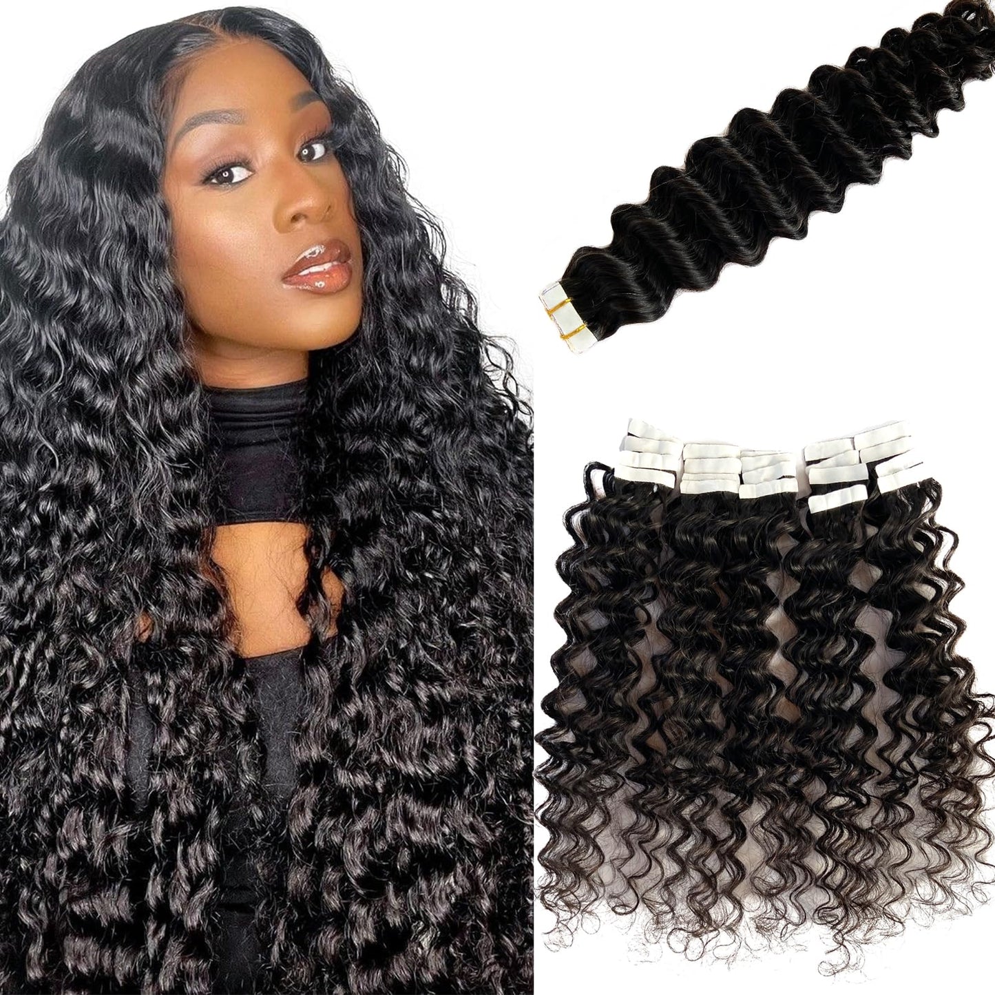 Deep Wave Tape in Hair Extensions Human Hair,20 Inch Black Hair Extensions Real Remy Human Hair Curly Tape ins for Black Women,20pcs Double Sided Invisible Tape Hair Extension 50g/pack