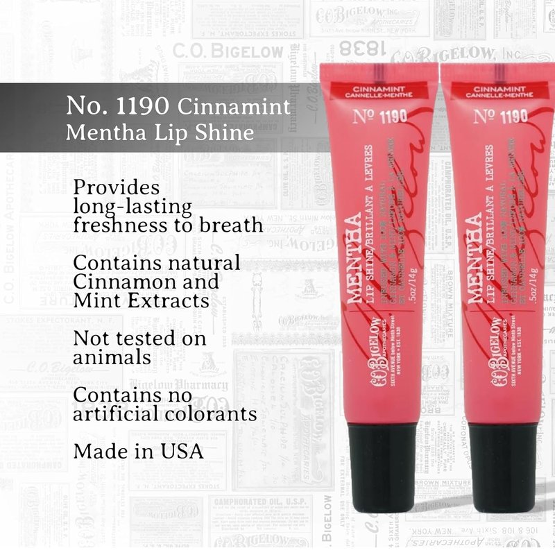 C.O. Bigelow Cinnamint Mentha Lip Shine Balm - Pack of 3 | High Gloss Cinnamon & Peppermint Oil, 0.5 oz