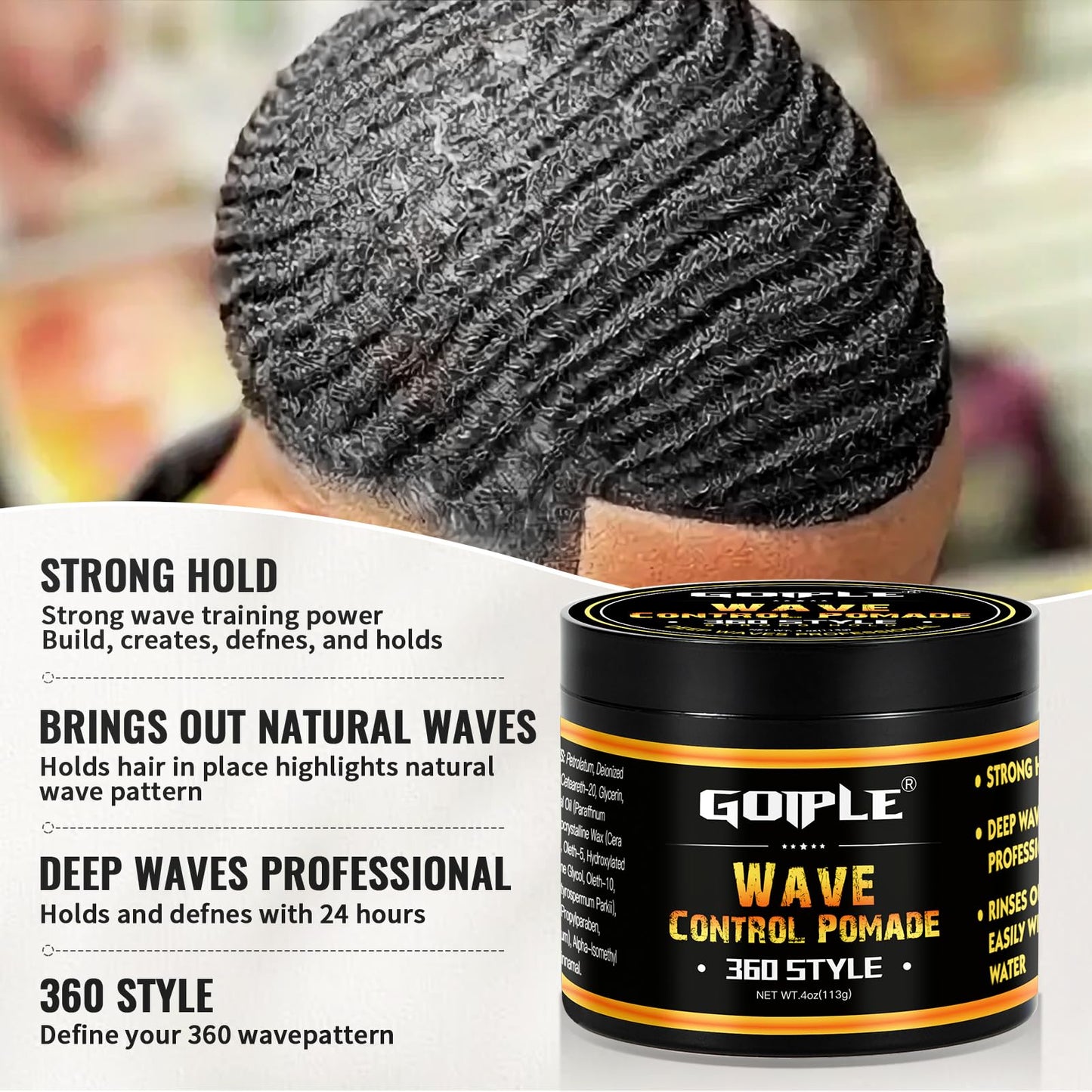 Natural Wave Pomade Strong Hold Easy Wash 360 Wave Training Hair Cream - Waves Grease for Men Water-Based Hair Cream Moisture Control - 360 Waves Wash Shampoo Enhance Waves Hair Shampoo for Black Men