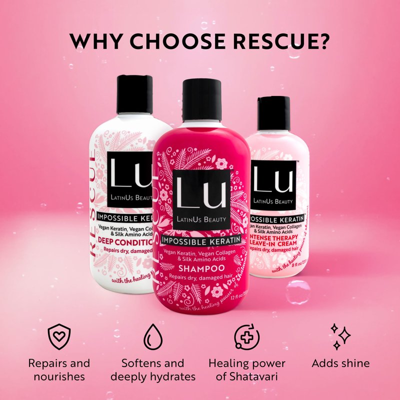 Lu by LatinUs Beauty Rescue Collection | Complete Hair Repair System | Shampoo, Conditioner & Leave In Cream Set | For Dry, Damaged & Color-Treated Hair | 32 Fl Oz Total | 3-Piece