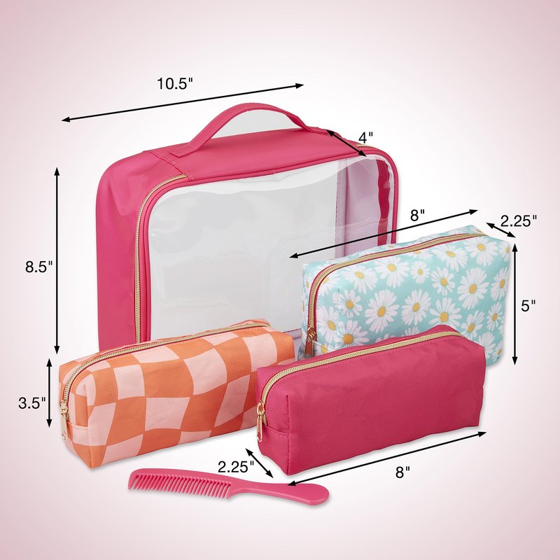 Conair 5 Piece Toiletry and Cosmetic Bag Set Under $30, Includes 4 Makeup Bags and 1 Travel Comb in Pink and Daisy Prints