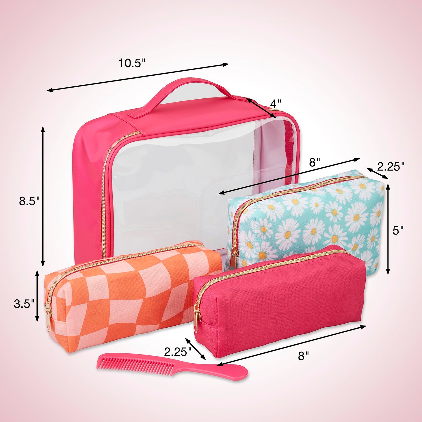 Conair 5 Piece Toiletry and Cosmetic Bag Set Under $30, Includes 4 Makeup Bags and 1 Travel Comb in Pink and Daisy Prints (Pack of 2)