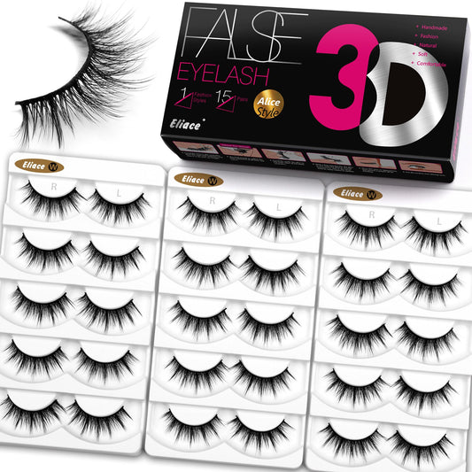 Eliace False Eyelashes Natural look Cat Eye Lashes Wispy Strips 3D Mink Lashes Fake Eyelashes Volume Fluffy Thick,Thin Soft Band Comfortable Dramatic Cross Wispy Lash Reusable,Alice style 15 Pairs