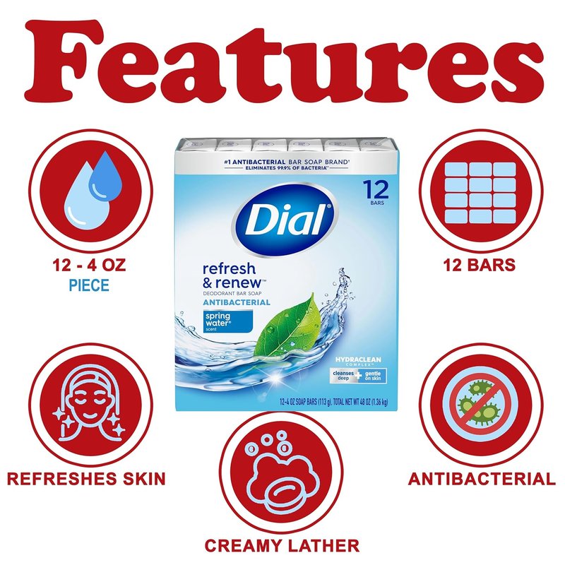 Dial Deodorant Bar Soap - Spring Water, Deep Cleansing & Gentle | 12 Count, 4 oz Each