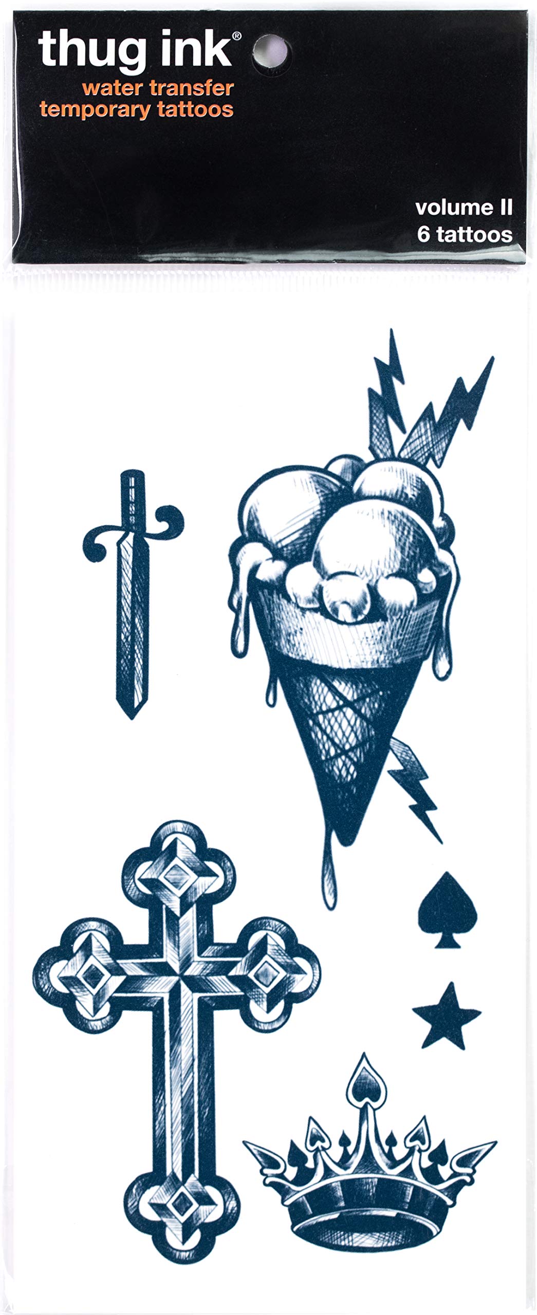 Thug Ink Temporary Tattoos – Volume II – 6-Piece Set | Dagger, Ice Cream Cone, Crown & More | Water-Transfer Face Tattoos – Fun Fake Ink for Parties, Costumes & Vibes