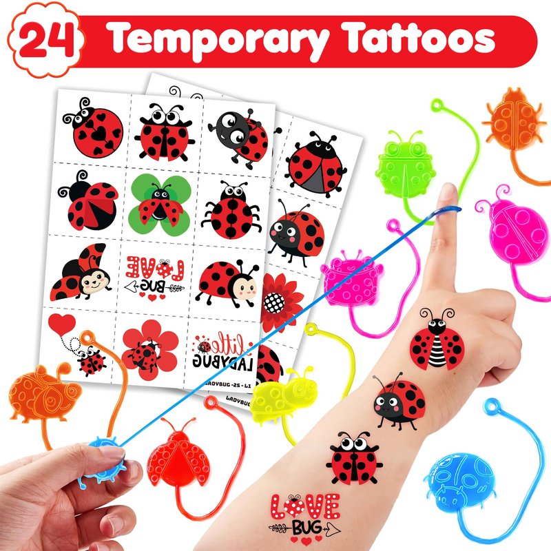 48PCS Ladybug Party Favors - 24PCS Temporary Tattoos & 24PCS Stick Hands Party - Perfect Birthday Party Supplies, Goodie Bag Stuffers, Treasure Box Toys, Classroom Prizes, and Student Gifts
