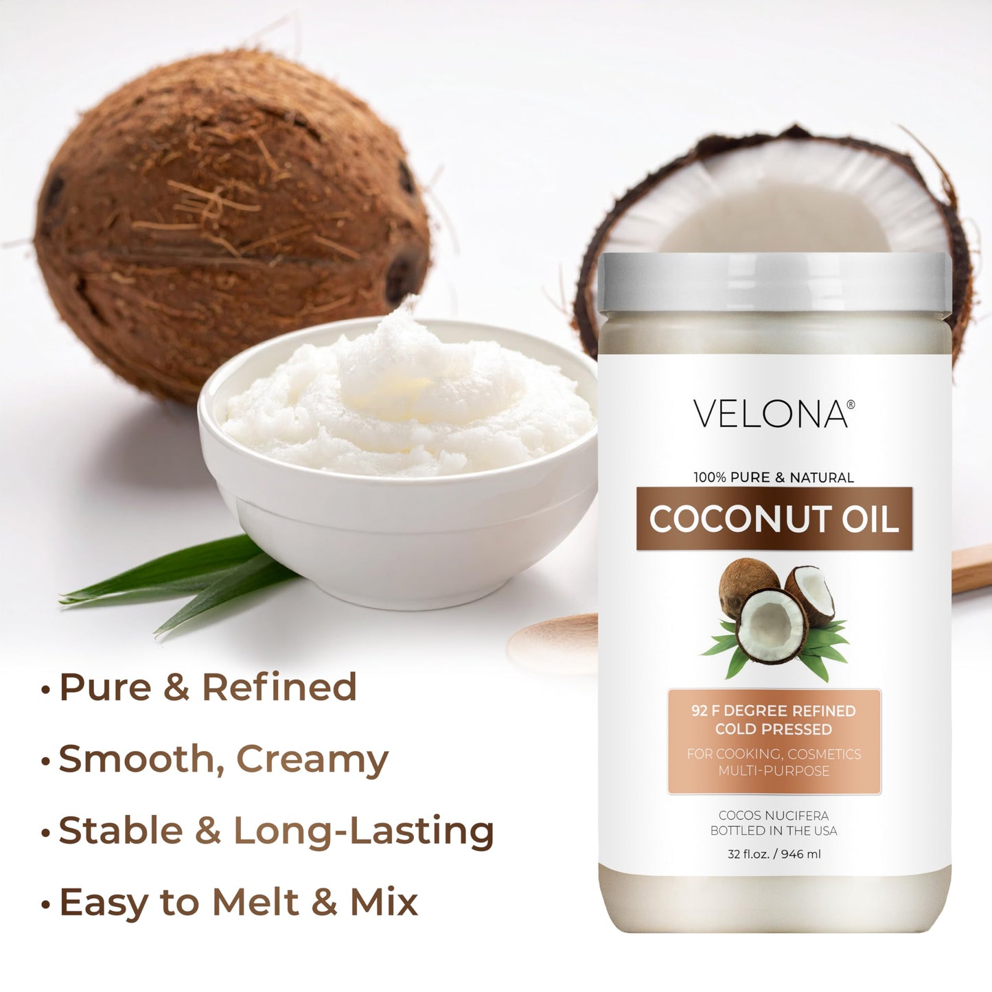 velona Coconut Oil 92 Degree 32 fl oz | 100% Pure and Natural Carrier Oil | in jar | Refined, Cold pressed | Skin, Face, Body, Hair Care | Use Today - Enjoy Results