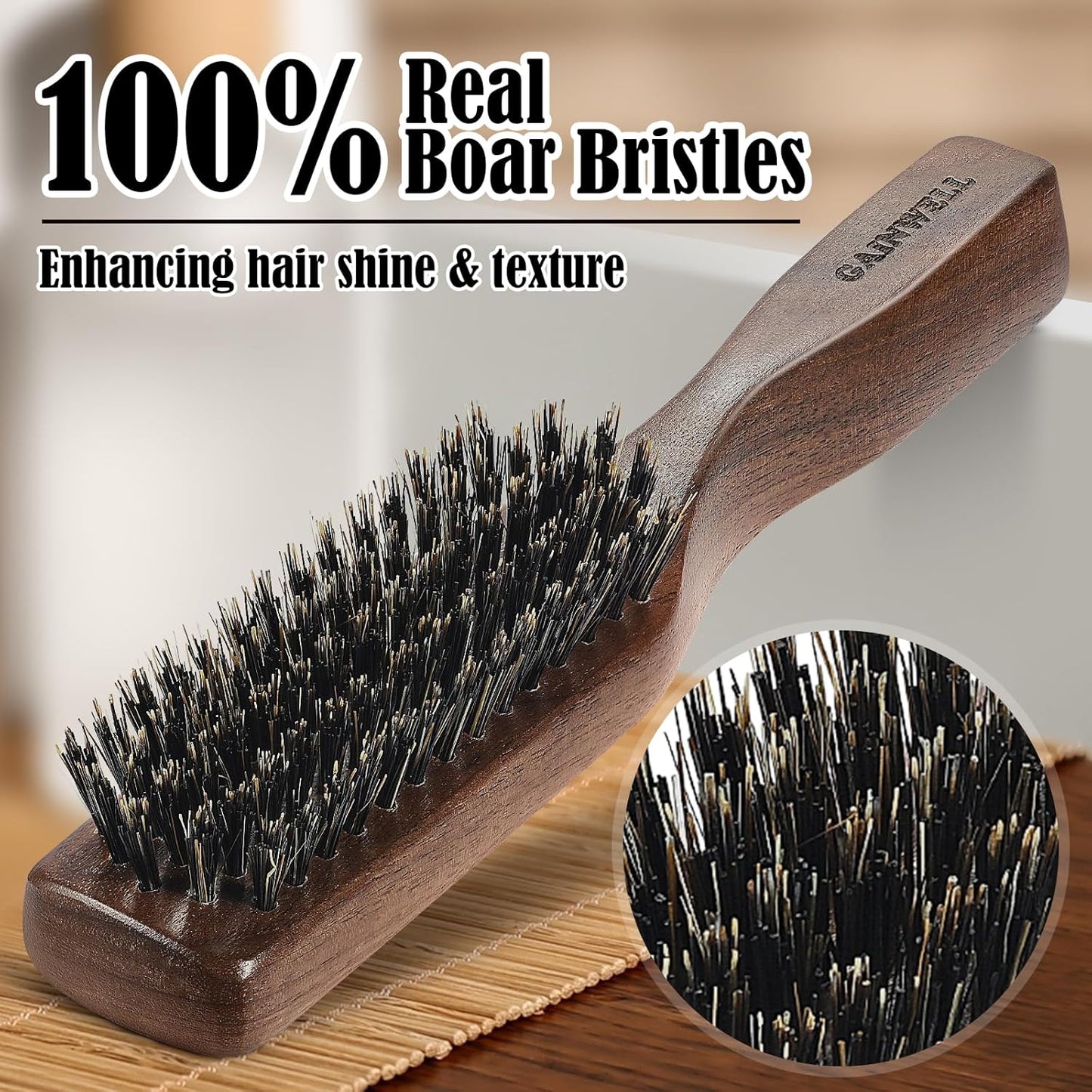 Gainwell Men's Wild Boar Bristle Hair Brush - Stiff Bristles for Thick & Thin Hair | Natural Black Walnut Handle
