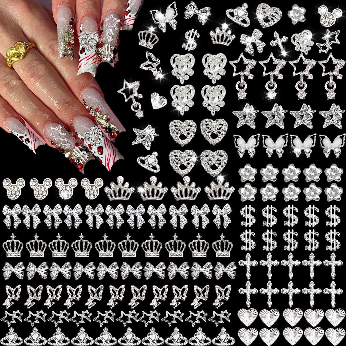 KACHIMOO 128 PCS Silver Nail Charms, Nail Gems Silver Rhinestones for Nails 3D Butterfly, Bow, Star,Crown,Cross,Dollar,Heart Shapes Y2K Accessories Nail Decor (17 Styles)
