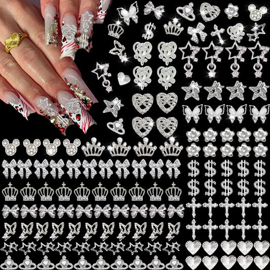 KACHIMOO 128 PCS Silver Nail Charms, Nail Gems Silver Rhinestones for Nails 3D Butterfly, Bow, Star,Crown,Cross,Dollar,Heart Shapes Y2K Accessories Nail Decor (17 Styles)