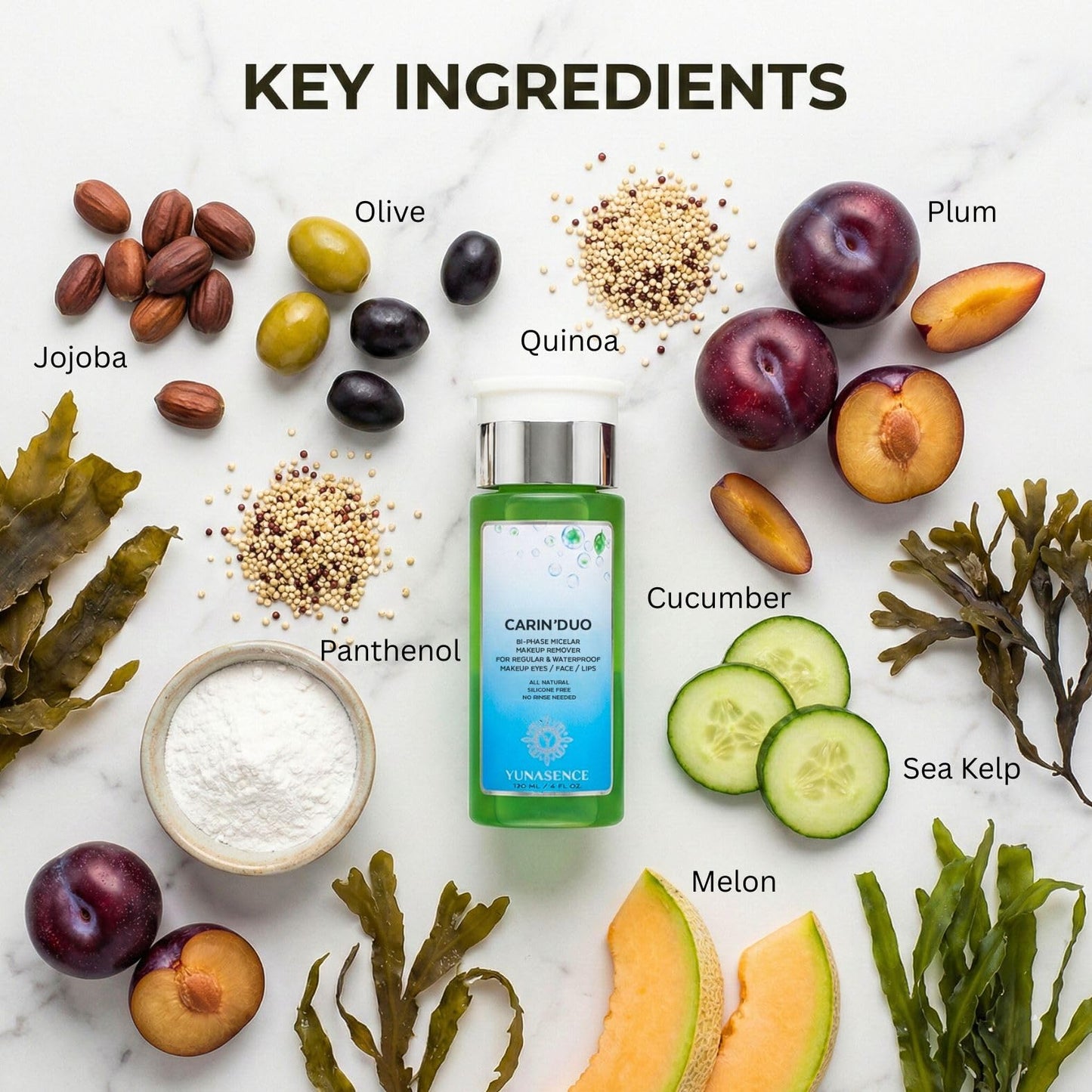 Sweetsation Therapy YUNASENCE CARIN’DUO Bi-Phase Micellar Makeup Remover for Regular and Waterproof Makeup. Eyes/Face/Lips, 4oz. 100% Natural. Silicone free. Cyclopentasiloxane free.
